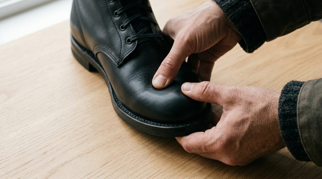 Hands checking the fit and toe box of a structured leather boot on a wooden surface.