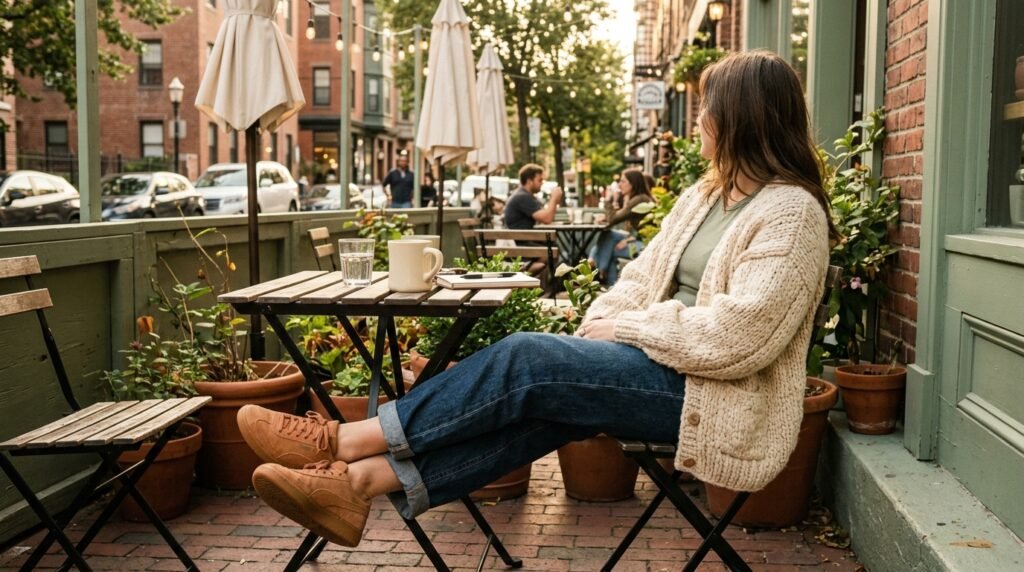 A person wearing a chunky knit cardigan and suede sneakers sitting at a coffee shop patio.