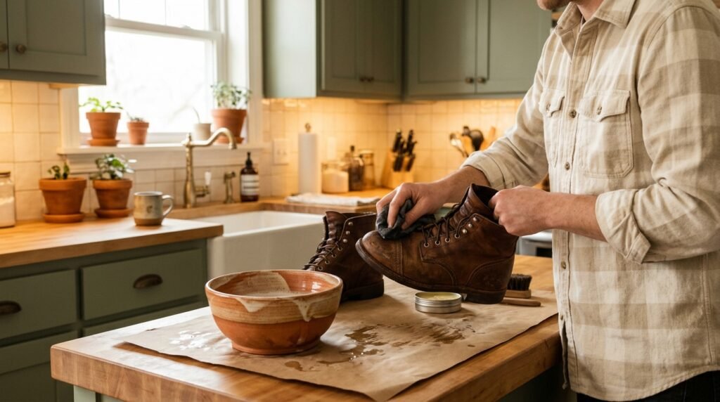 A person wiping a leather boot with a damp cleaning cloth on a kitchen counter.