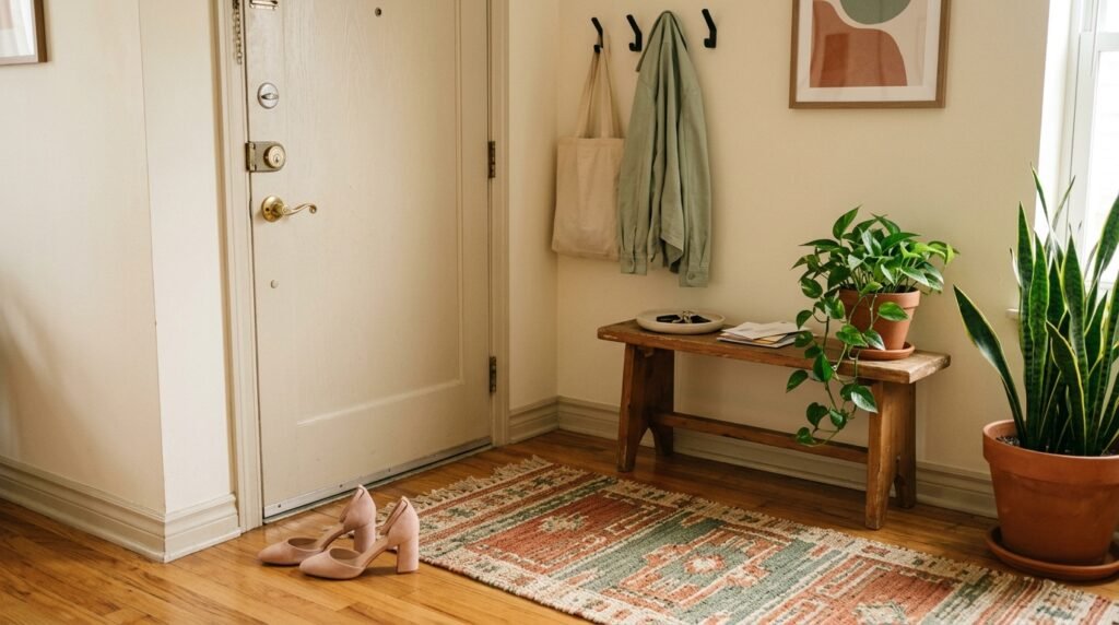 A pair of light pink block heels resting neatly by an apartment entryway in daylight.
