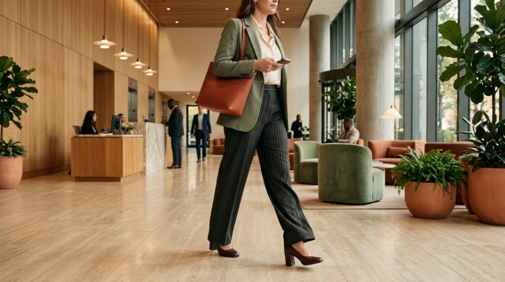 Pinstripe wide-leg trousers and sturdy block heels in an upscale office lobby.