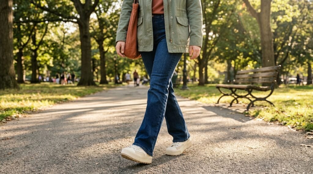 Platform sneakers paired with bootcut jeans and a utility jacket on a park path.