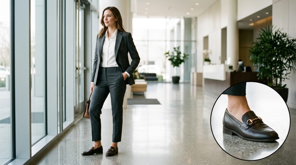 A professional woman in an office lobby wearing a charcoal suit and gold-hardware loafers.