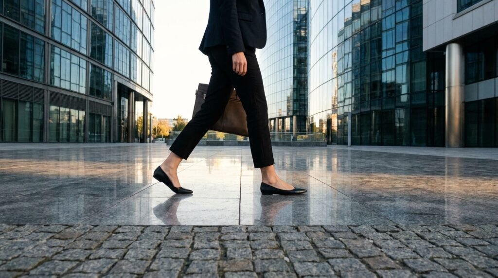 Professional woman wearing cropped black trousers and pointed-toe leather ballet flats to work.