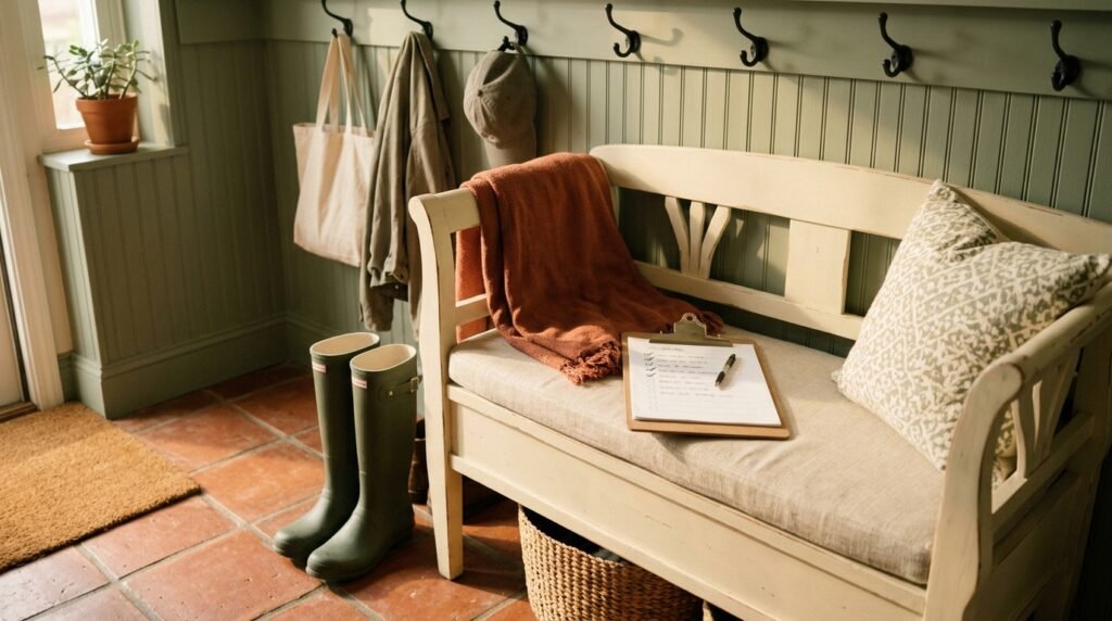 A pair of clean rain boots and a checklist clipboard resting on a mudroom bench.
