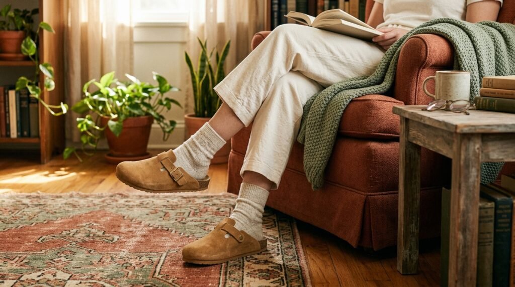Cropped trousers paired with supportive suede clogs in a classroom reading corner.