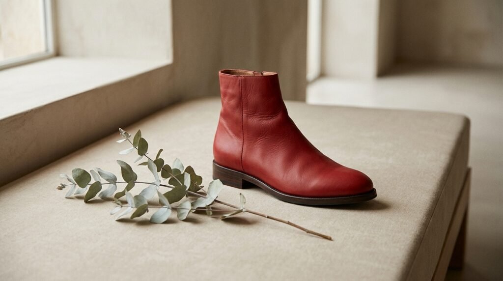 A minimalist red leather boot resting on neutral beige fabric next to dried eucalyptus.