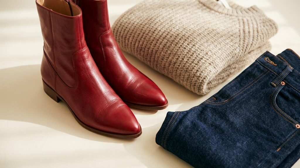 Pointed-toe red leather boots next to a beige knit sweater and dark jeans on a cream surface.
