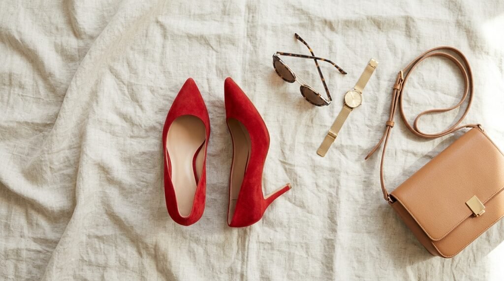 Red suede heels arranged on neutral linen fabric next to accessories.