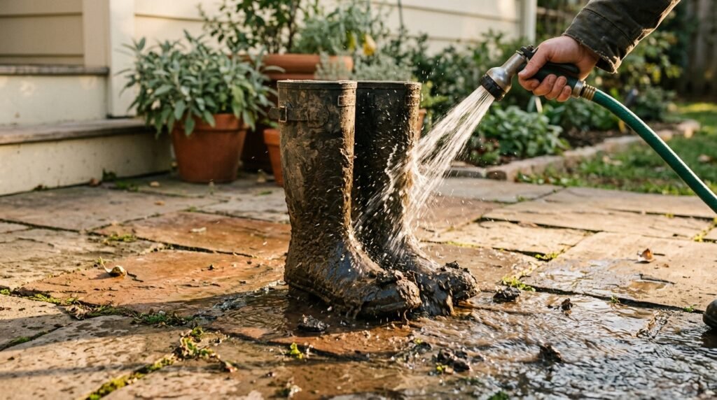 A pair of muddy rubber boots being rinsed clean with a garden hose on a stone patio.