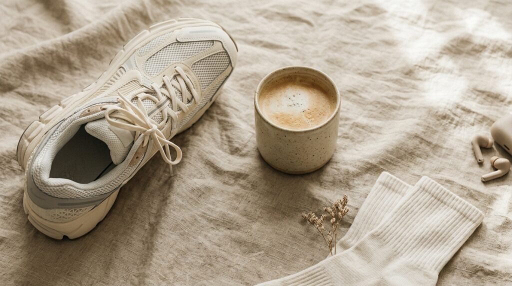 An athletic running shoe resting on a neutral beige linen fabric next to a coffee cup.