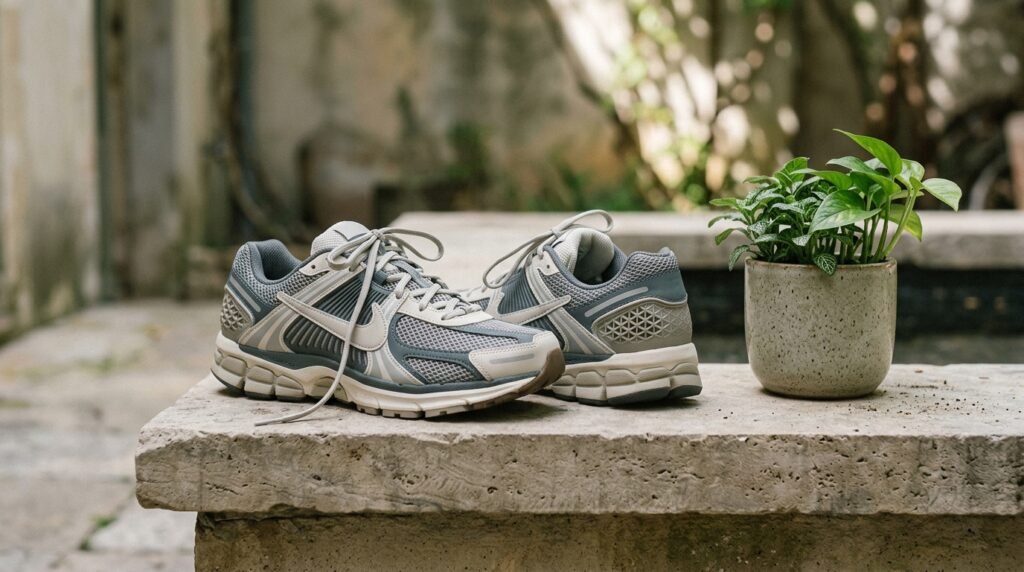Supportive stability running shoes sitting on a neutral stone ledge.