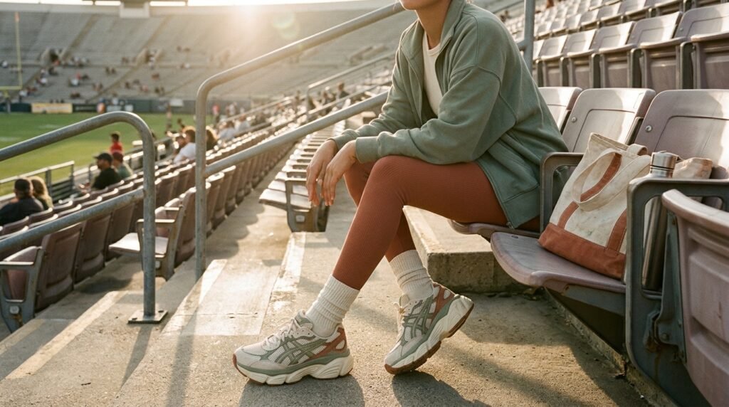High-cushion lifestyle running shoes worn in an arena seating area.