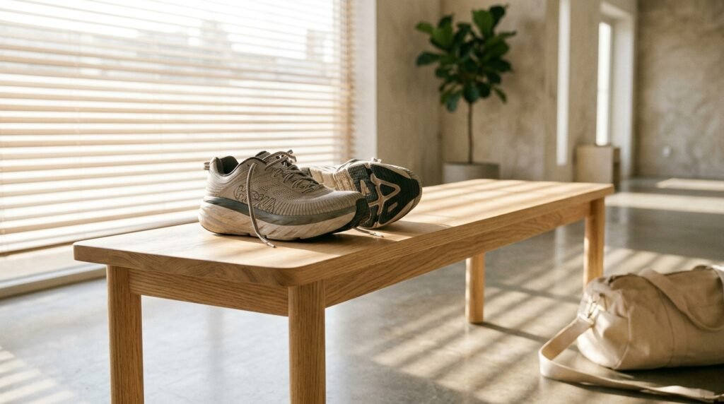 Max-cushion running shoes resting on a minimalist wooden bench.