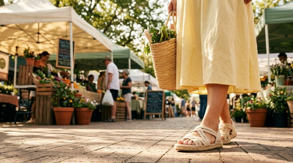 A pastel yellow sundress paired with creamy neutral shoes at a sunny outdoor market.