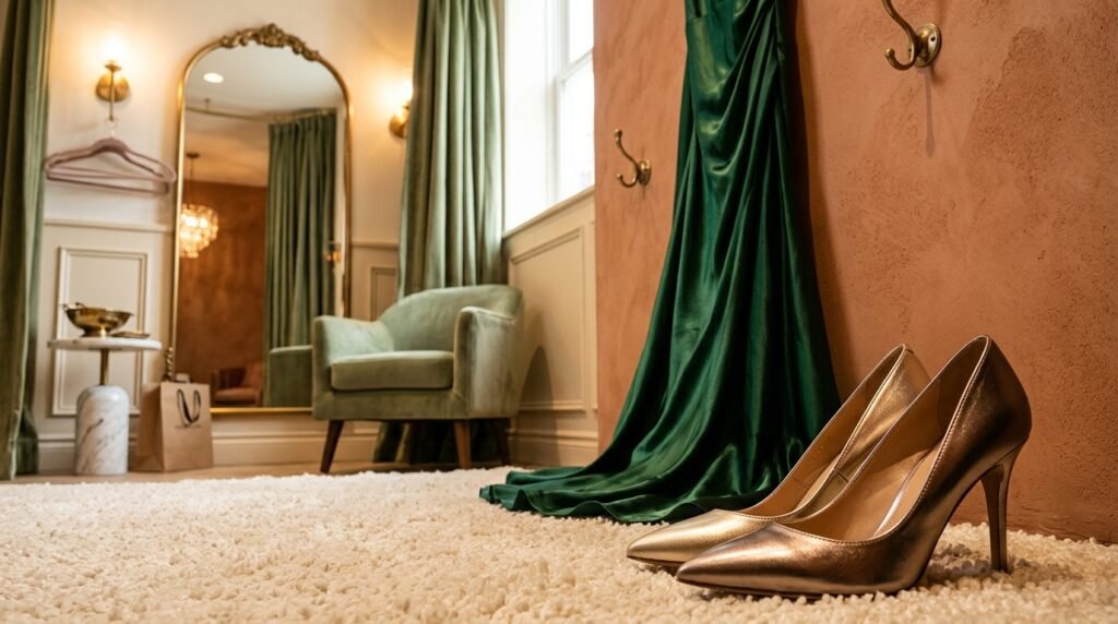 An emerald green satin dress displayed next to metallic pumps in a luxury boutique.