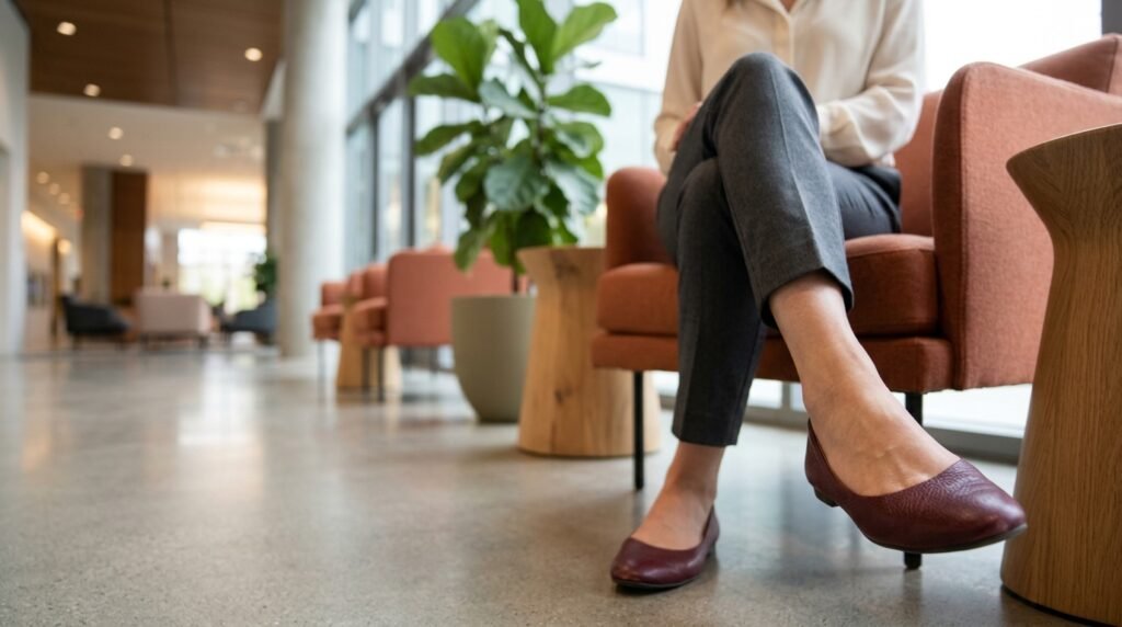 Charcoal grey tailored trousers, a cream blouse, and burgundy flats in an office lobby.