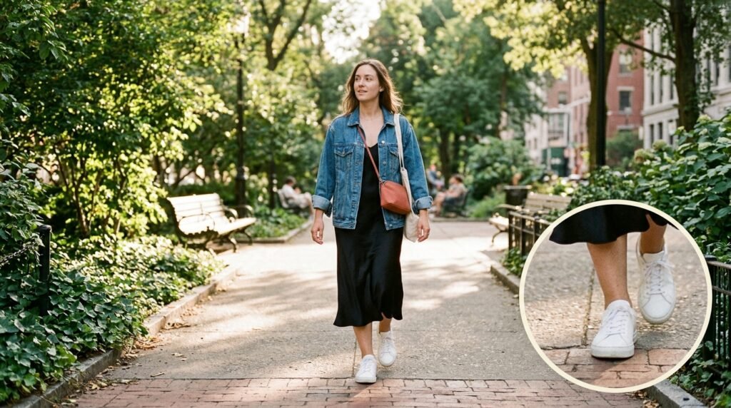 A black slip dress layered with a denim jacket and clean white sneakers on a park path.