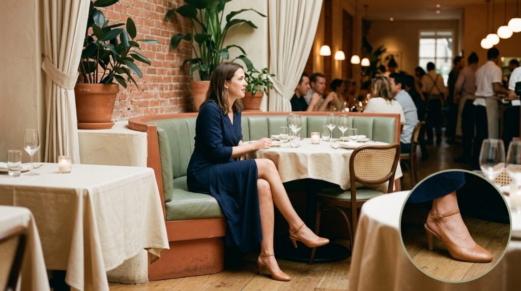 A navy blue dress paired with caramel-nude heels inside an upscale restaurant.