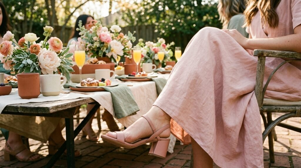 A soft blush pink dress paired with pink-toned neutral heels at a spring brunch.