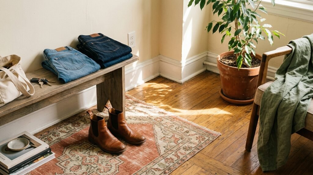 Stylish shoes resting neatly near folded denim in warm apartment light.