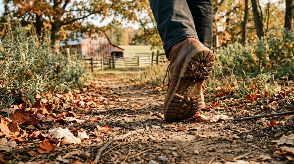 A close-up of heavy rubber boot treads on a dirt path covered with autumn leaves.
