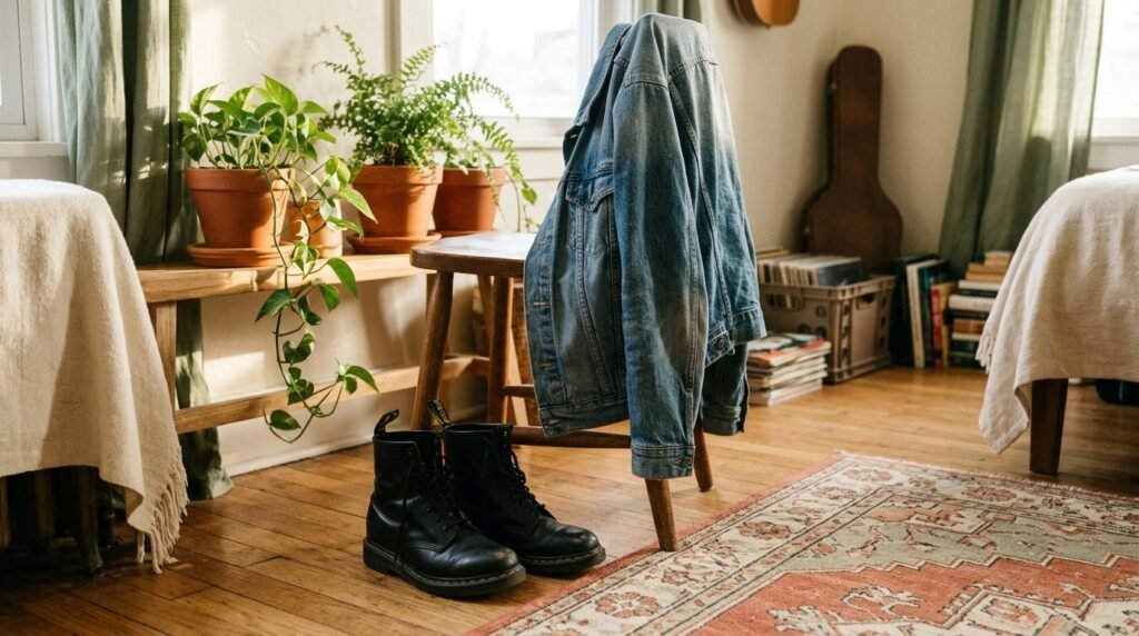 Concert-ready shoes resting neatly near a denim jacket in warm apartment light.