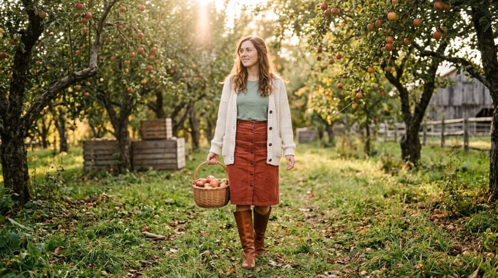 A corduroy skirt, cardigan, and cognac brown tall boots in a rustic orchard setting.