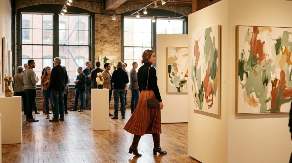 A pleated midi skirt paired with a black turtleneck and leather boots in an art gallery.