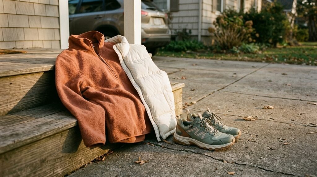 Weather-resistant sneakers, a fleece sweatshirt, and a down vest on a dry driveway.