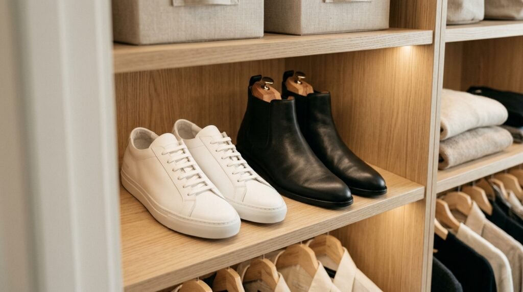 Clean white sneakers and black ankle boots with shoe shapers sitting on a closet shelf.