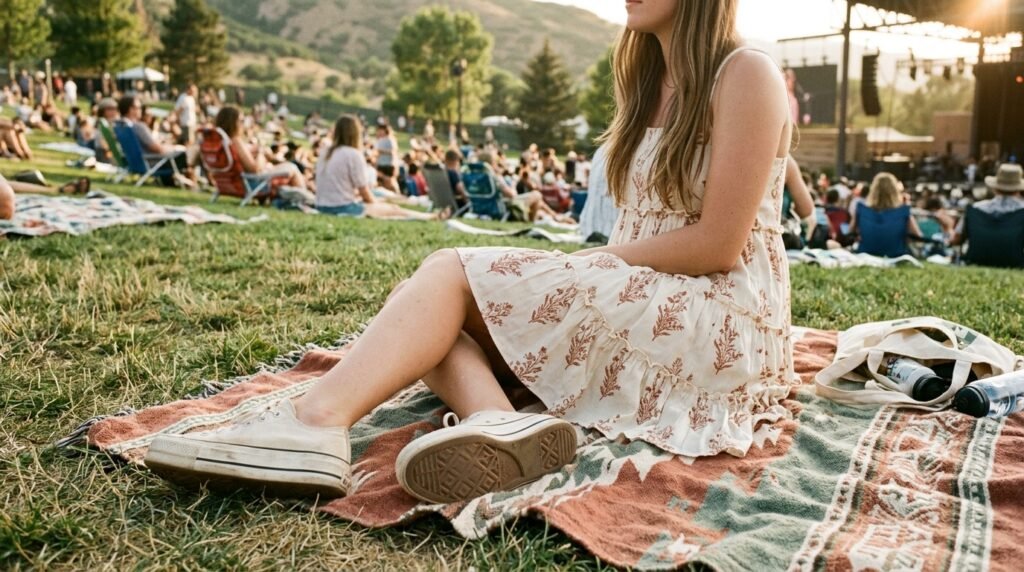 Platform canvas sneakers and a tiered mini dress on an amphitheater lawn.