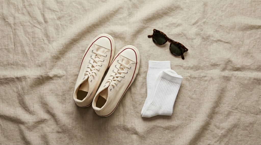Flat-lay image of canvas high top sneakers next to socks and sunglasses on linen fabric.