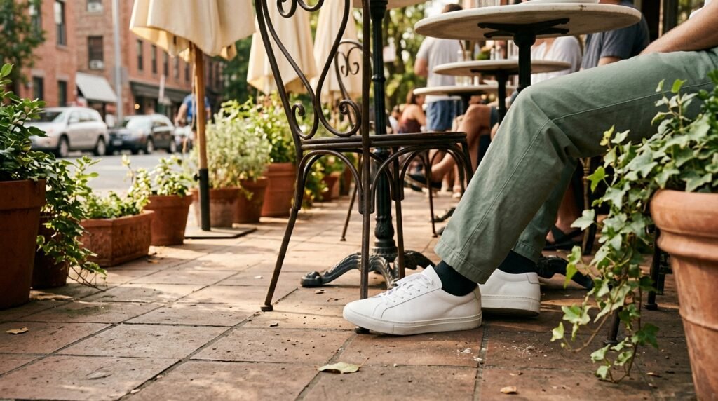 Clean white leather sneakers resting on a patio floor outside a European café.