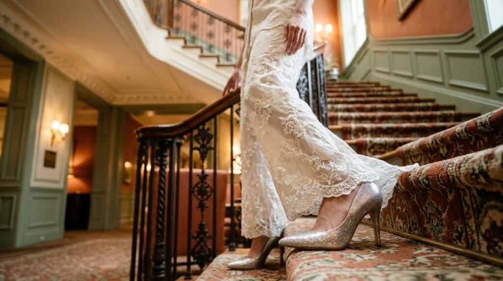 An ivory embroidered lace set paired with shimmering silver stiletto heels on a grand staircase.