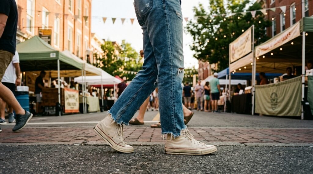 Classic canvas high-tops and distressed denim jeans at a street festival.