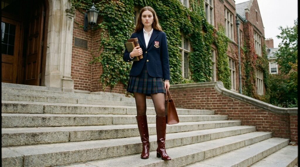 Model wearing a navy blazer, plaid mini skirt, sheer tights, and oxblood knee-high boots.