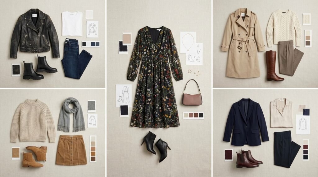 Mood board showing five different outfit aesthetics paired with knee-high boots.
