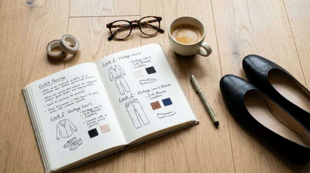 Desk flat lay with a styling notebook, coffee cup, and black leather ballet flats.