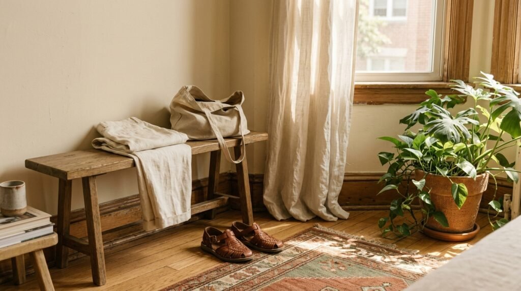 Summer shoes resting neatly near folded linen trousers in warm apartment light.