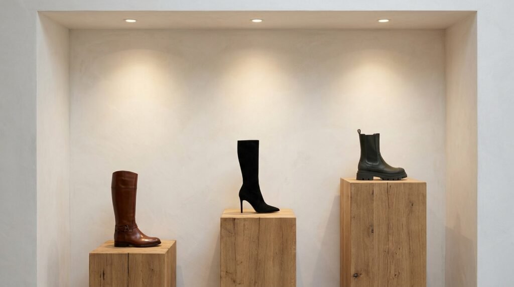 Display of three distinct knee-high boot styles on wooden pedestals.
