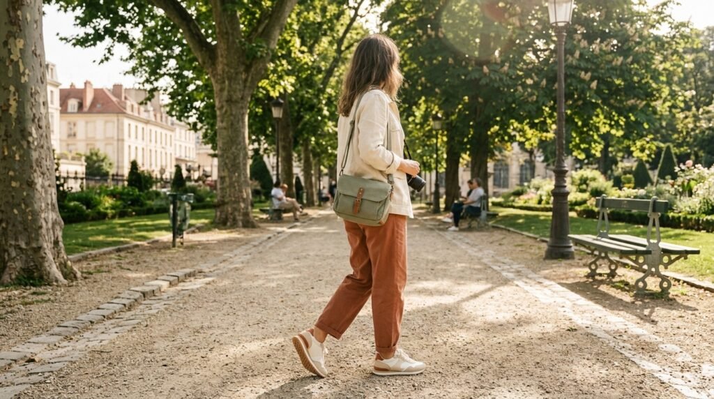 A traveler walking along a sunny European park path wearing casual stylish sneakers.