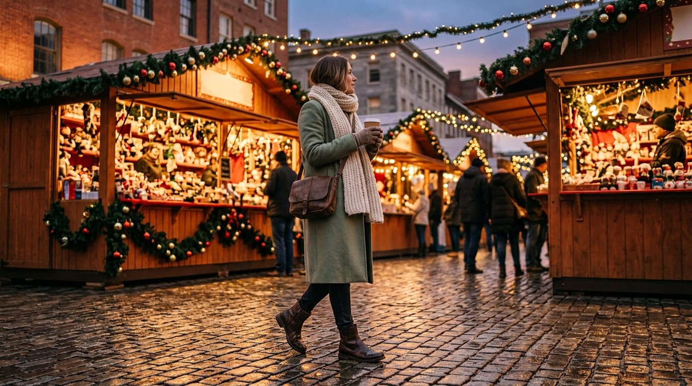 A stylish traveler wearing leather ankle boots at a glowing European Christmas market.