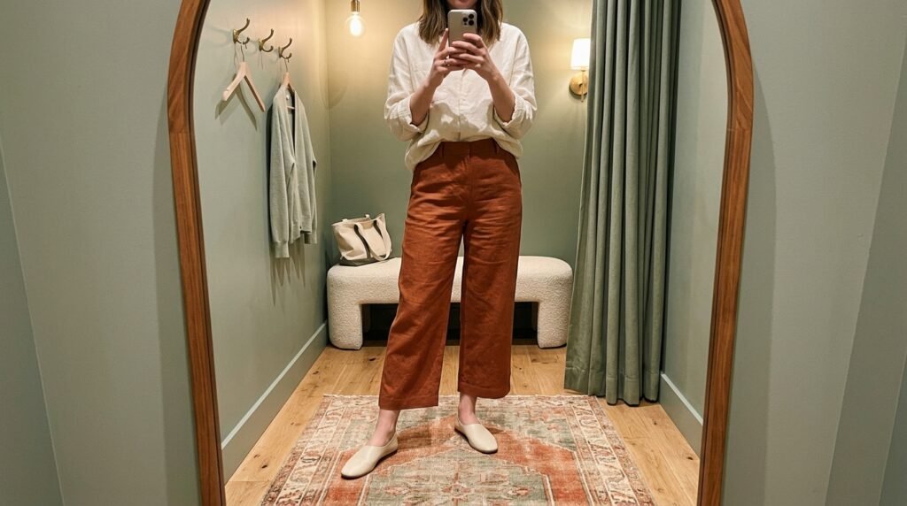 Cropped wide-leg trousers and minimalist flats reflected in a dressing room mirror.