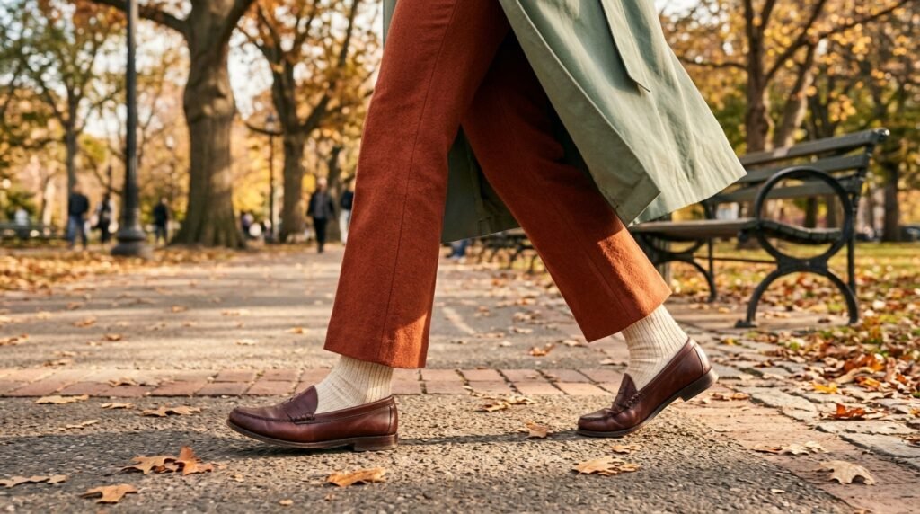Cropped bootcut trousers paired with leather loafers on an autumn park walkway.
