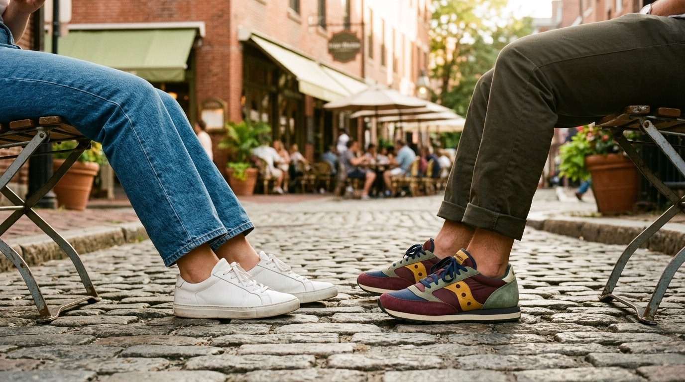 A pair of white sneakers and retro colorful sneakers resting side by side on European cobblestones.