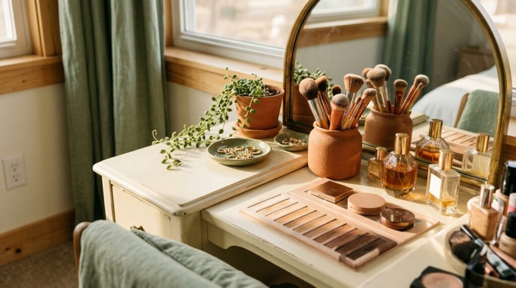 A vanity table displaying makeup and a color swatch palette of various neutral skin tones.