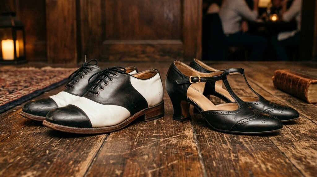 Black-and-white saddle oxfords and 1920s T-strap flapper heels on a wooden floor.