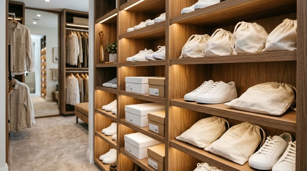 A tidy closet shelf displaying white sneakers stored neatly in breathable boxes and dust bags.