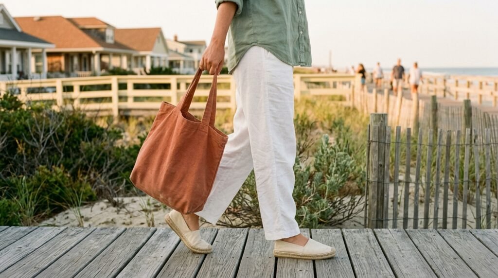 White linen pants and jute-sole espadrilles styled on a coastal boardwalk.